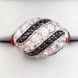 Black & White Diamond Simulants & Ruby Cabochon 925 Sterling Silver Swirl Ring